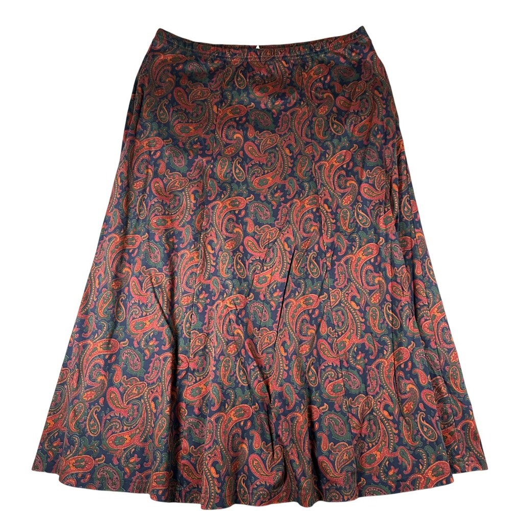 Vtg Lands' End Womens L 12-14 Cotton Paisley Print Pull On Flare Skirt Made USA
